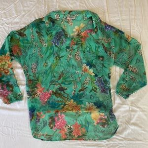 Pull&Bear Sheer Floral Bird Draped Blouse EUC.